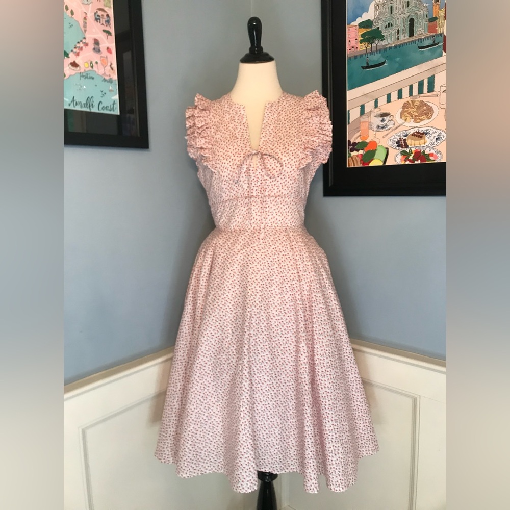British Retro 'Birdy' Delicate Pink Floral 50s Full Circle Dress Sz UK14